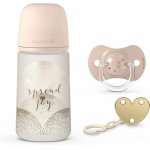 Set biberon 270 ml cu tetina SX Pro cu debit mediu + suzeta SX Pro + clema pentru suzeta Spread Joy bej Suavinex