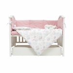 Set de lenjerie din bumbac cu 7 piese pentru patut Twins Fluffy Puffy alb/roz
