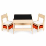 Set masa cu doua scaune pentru copii Ecotoys Natur cu spatiu pentru depozitare, tabla si creta