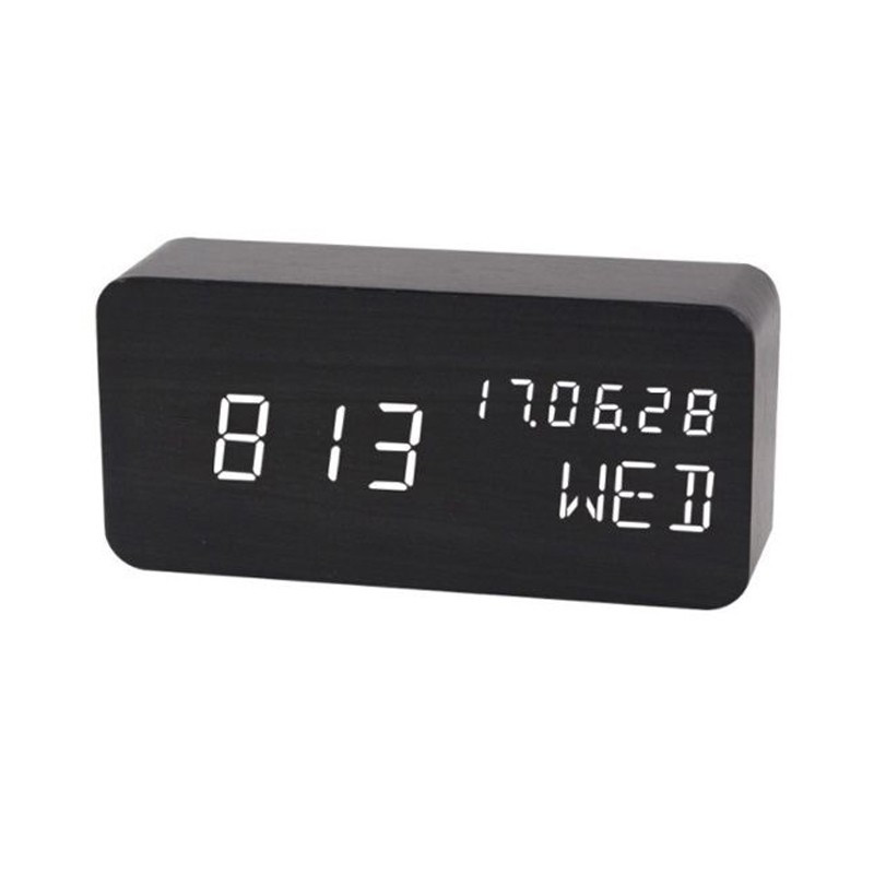 Ceas led digital de birou, afisaj temperaturaumiditate, alarma, alimentare duala, mdf, negru