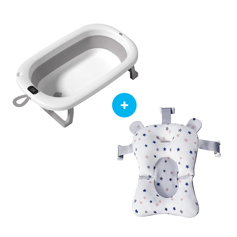 Set cadita pliabila 76 cm Beberoyal Gri cu termometru digital, dop de scurgere si suport textil universal