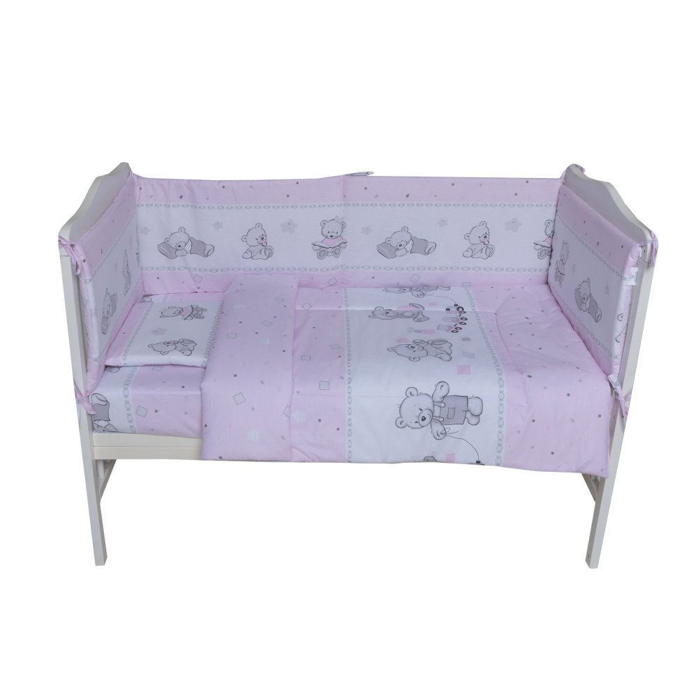 Lenjerie din bumbac cu 5 piese pentru saltea 140x70 cm Beberoyal BearsToys Roz - 1
