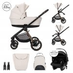 Carucior 3 in 1 pentru copii Lorelli Bianca Beige Latte, cadru usor din aluminiu, suspensii, geanta, parte sport reversibila, bara de protectie detasabila, greutate admisa 22 kg