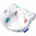 Perna pentru formarea capului Suporto Alb Ursulet model cu dinozauri, 0-12 luni, impotriva plagiocefaliei, ortopedica si hipoalergenica, din spuma cu memorie, husa din bumbac